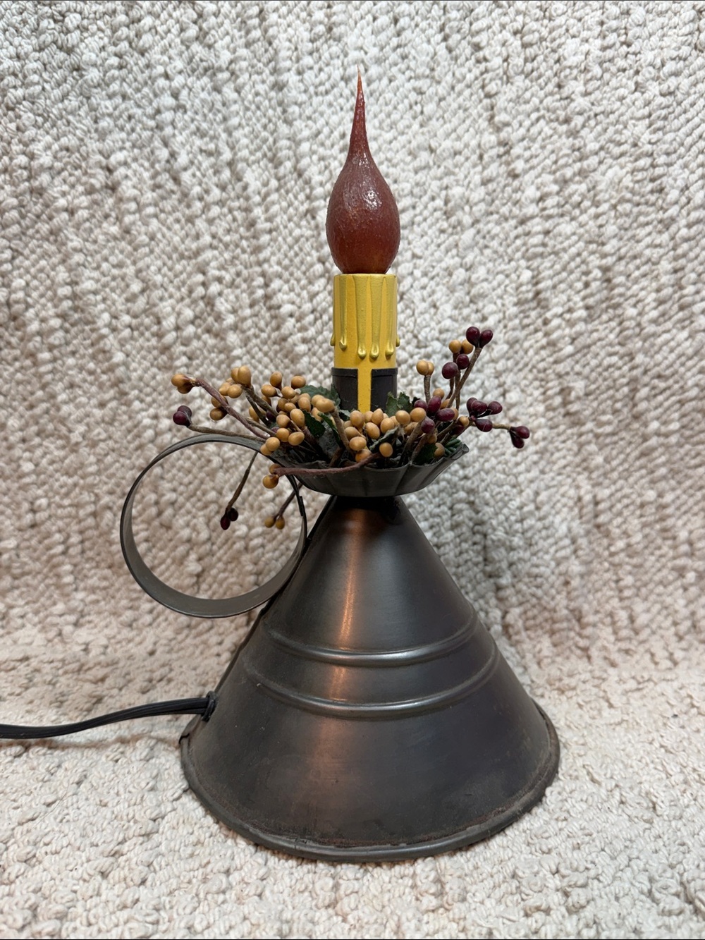 Black Metal Lantern Candle Accent with Burgundy Flame and Yellow Candle Sleeve